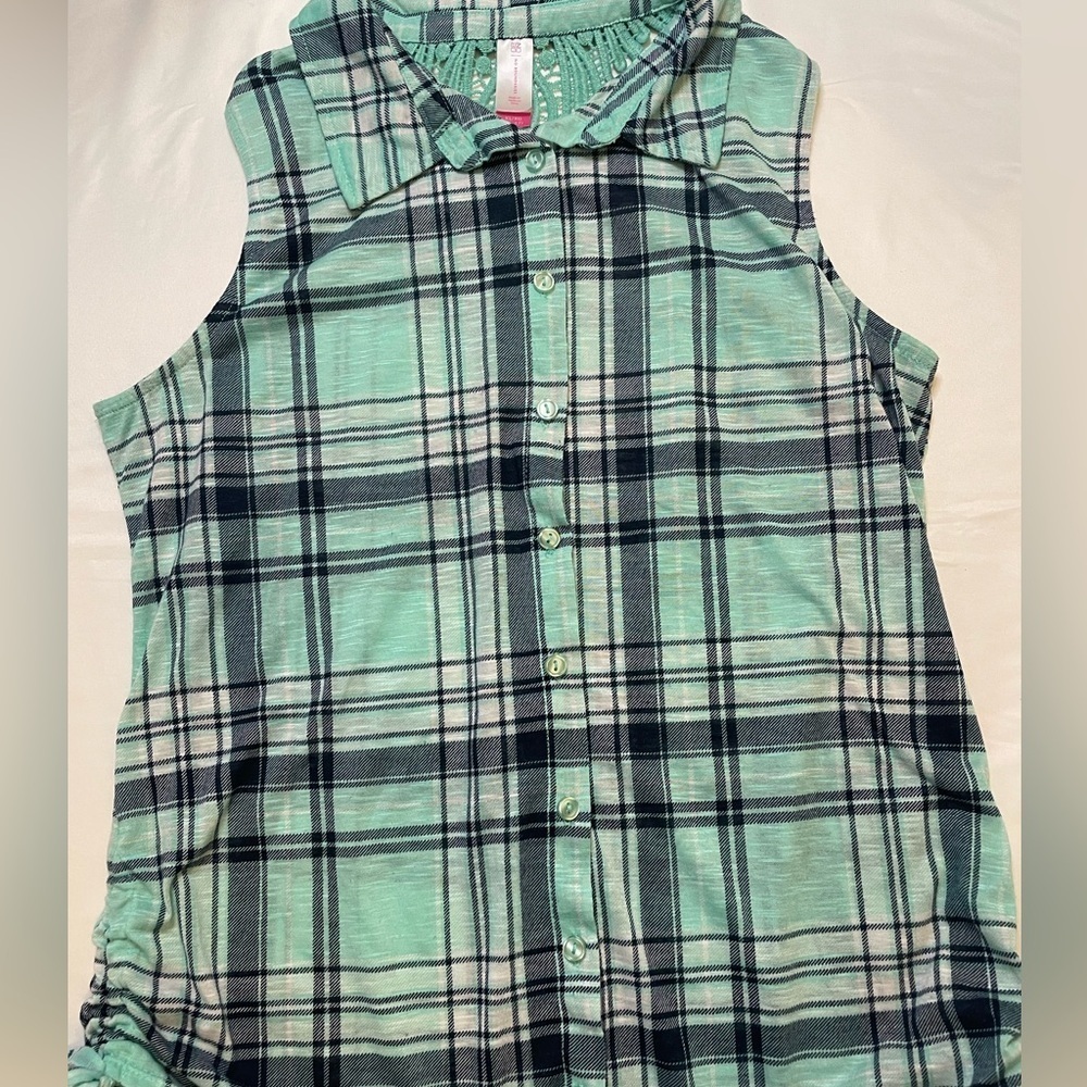 No Boundaries size XL mint green and navy blue plaid button up tank top - Picture 2 of 6